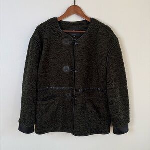 7 For All Mankind Sherpa Teddy Jacket Olive Faux Leather Trim M